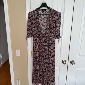 The Kooples Pink and Black Floral Midi Dress